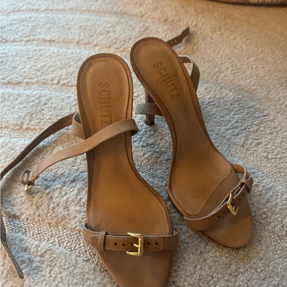 SCHUTZ Tan Block Heel Sandals with Ankle Strap